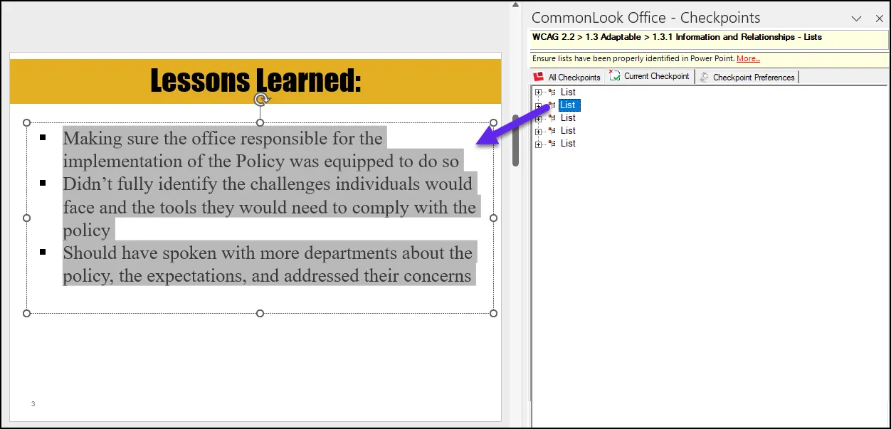 Screenshot of the reloaded List checkpoint with the second list selected in the CommonLook panel and the whole list of 3 items highlighted in the physical view.
