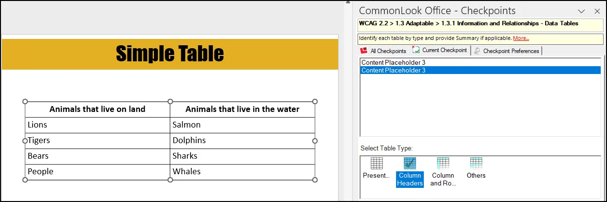 Screenshot of the Tables checkpoint in CommonLook Office with the second table selected and the Column Header table type option highlighted.
