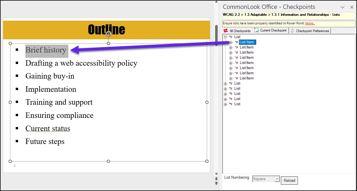Screenshot of the first list expanded with the first list item selected in the CommonLook panel and highlighted in the Physical View.