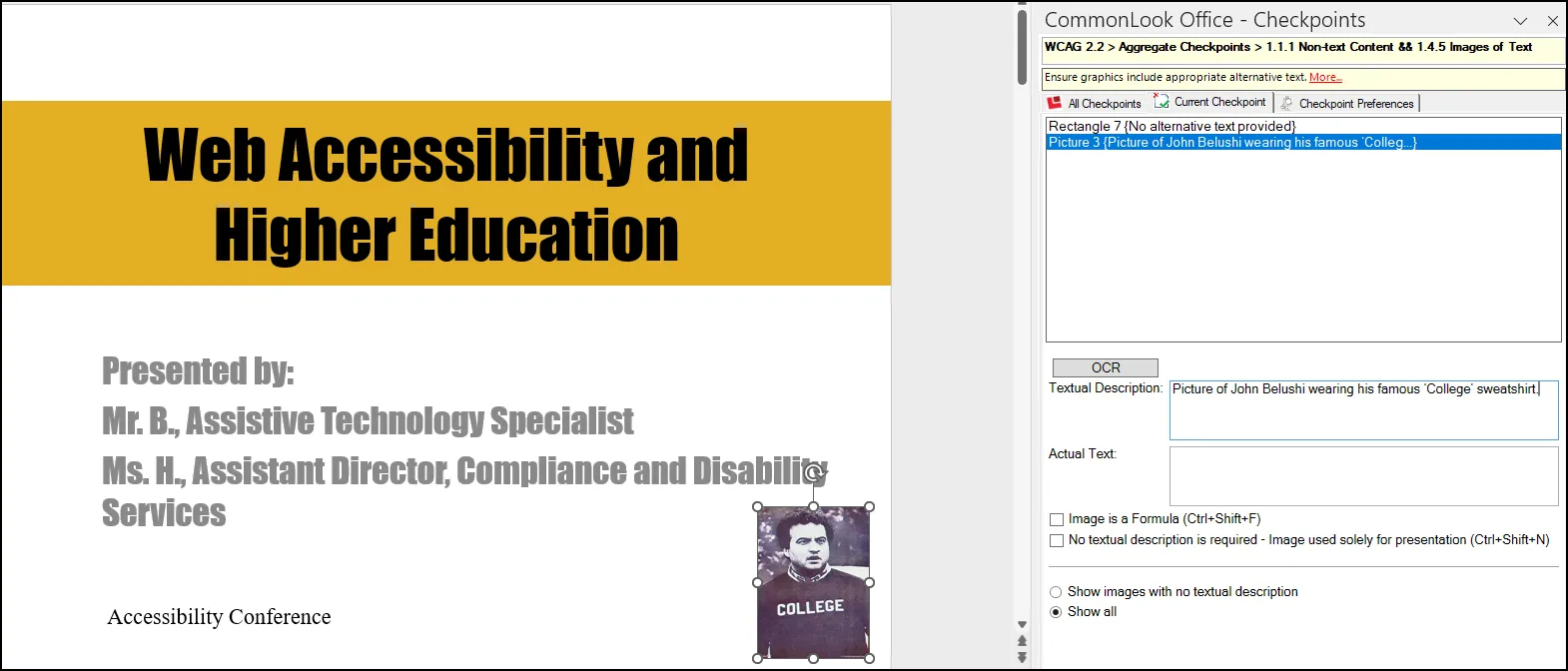 Screenshot of the Images checkpoint in CommonLook Office. The second image, of John Belushi, is highlighted and the alternative text has been entered in the Textual Description box.
