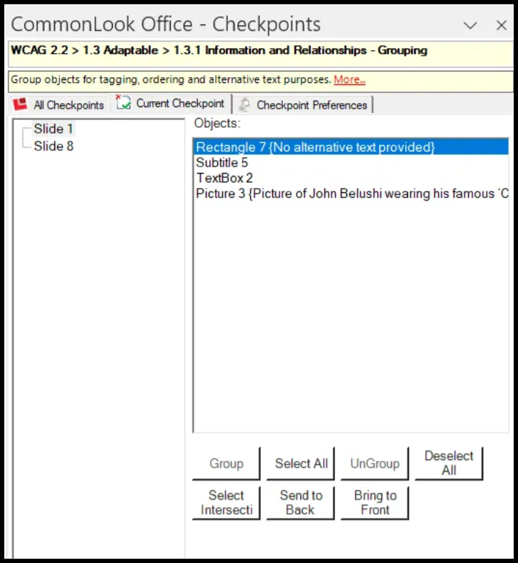 The CommonLook office panel on the Grouping checkpoint, listing all of the slides in the presentation. The first slide is selected and, in the panel on the right, CommonLook lists all of the elements on that slide.