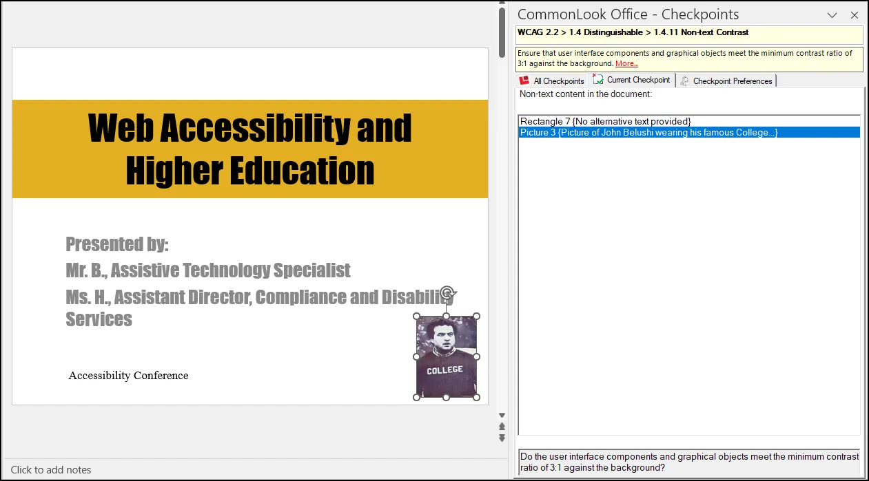 Screenshot of the Non-text Contrast checkpoint panel in CommonLook Office. Picture 3 is selected in the CommonLook panel and in the Physical View the picture of John Belushi is highlighted.