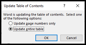 The Update Table of Contents menu.  Buttons are available to choose to update page numbers only or to update the entire table. 