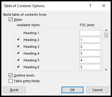 The Table of Contents Options window is open with the changes made as outlined in the text prior to this screenshot.