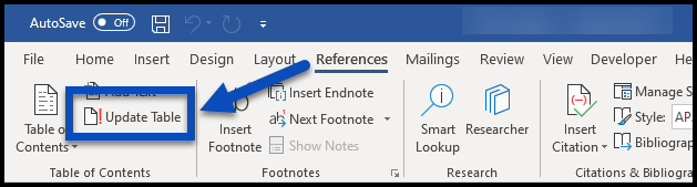 The Update Table button in the Table of Contents group.  