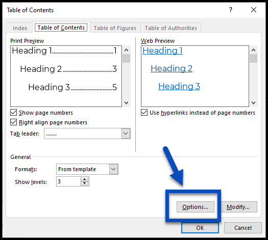 The Table of Contents window with the Options button highlighted near the lower right hand corner.  