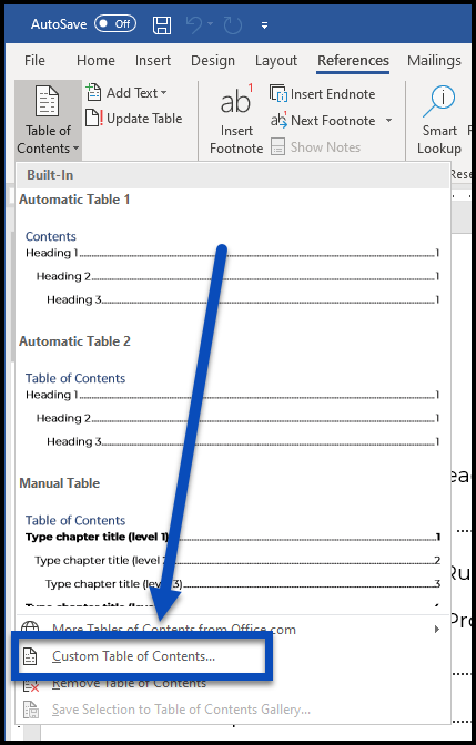 The menu for building a Table of Contents.  The option for creating a Custom Table of Contents is highlighted.  