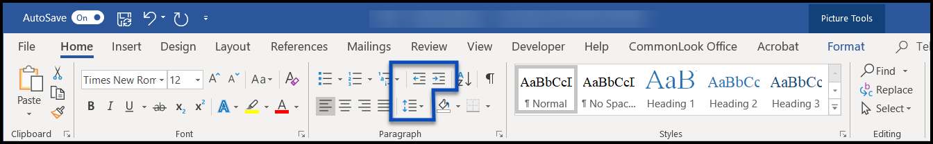 The Paragraph Formatting group in the ribbon with the spacing options highlighted.  
