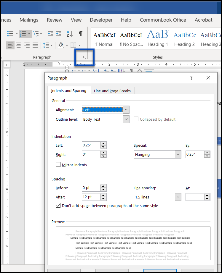 The arrow to open more paragraph formatting options is highlighted and, below, the Paragraph formatting menu is expanded.  