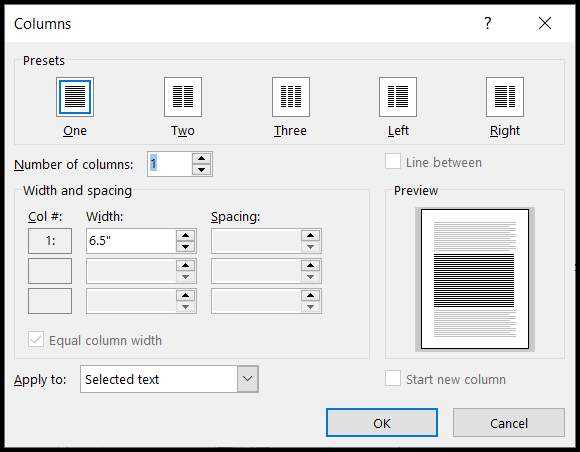 The Columns formatting menu for more options.  