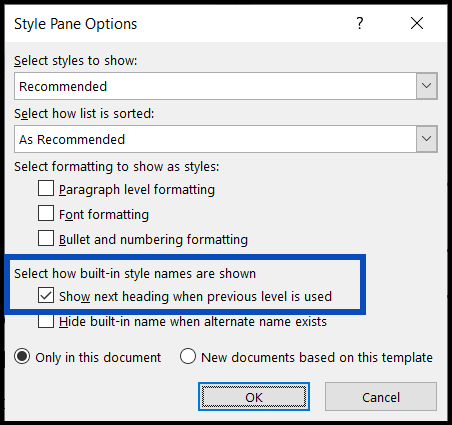 Screenshot of the Style Pane Options dialog box with the "Show next heading when previous level is used" checkbox highlighted and selected. 
