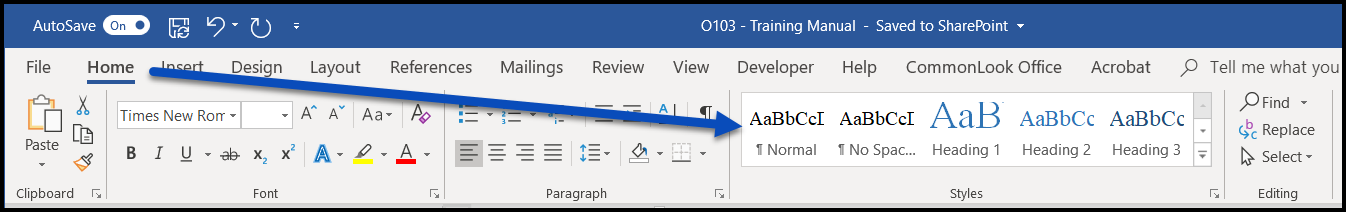 Screenshot of the Styles group in the Home tab's ribbon in Microsoft Word. 