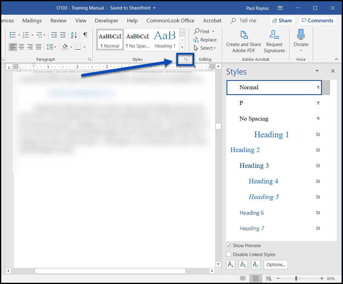 The arrow to open the Styles menu is highlighted and the Styles menu is open. 