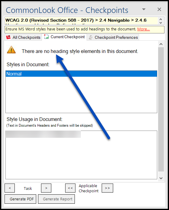 The checkpoint in CommonLook Office that checks for heading level styles in the Word document.  The error for not using heading styles is displayed. 
