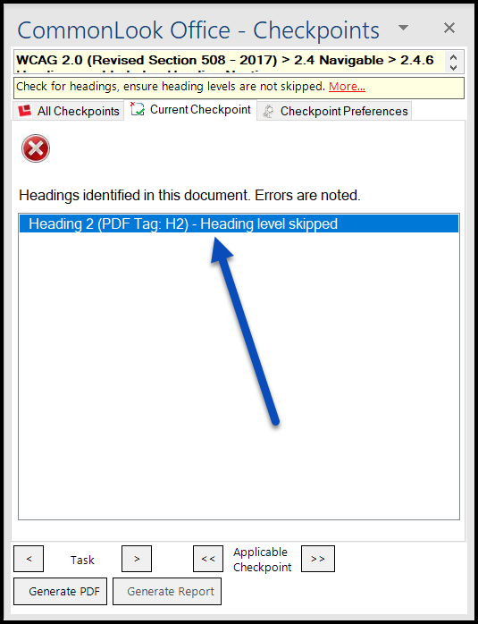 The CommonLook Office panel showing that heading levels have been skipped. 