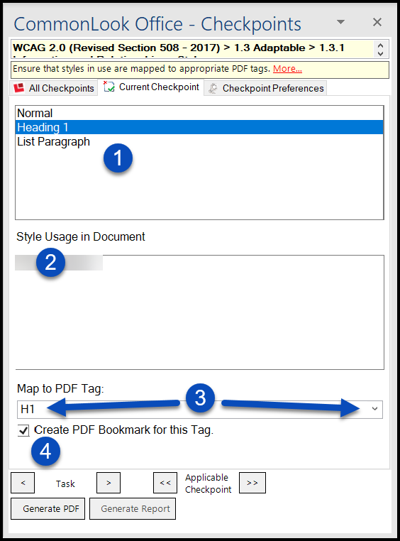 The CommonLook Office panel to check and correct tag role mapping.  