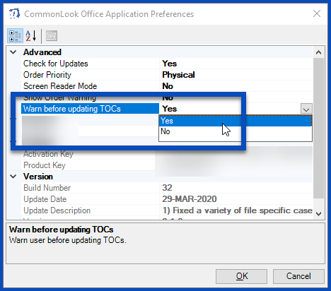 The CommonLook Office Application Preferences dialog box is open and the drop-down menu for "Warn before updating TOCs" is expanded.  