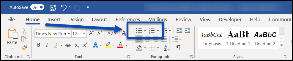 The Paragraph group in the Home tab on the ribbon.  The buttons for creating lists are highlighted.  