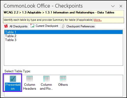 Screenshot of the Tables checkpoint in CommonLook Office. The first table in the list is selected and the “Presentation” type is highlighted.
