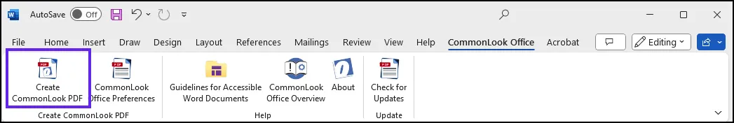 The Create CommonLook PDF button on the Ribbon in CommonLook Office in Word.