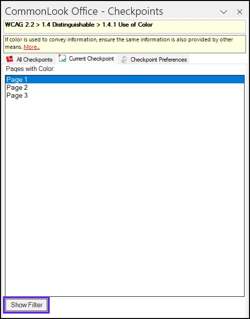 Screenshot of the Color checkpoint panel in CommonLook Office. The Show filter button is highlighted.