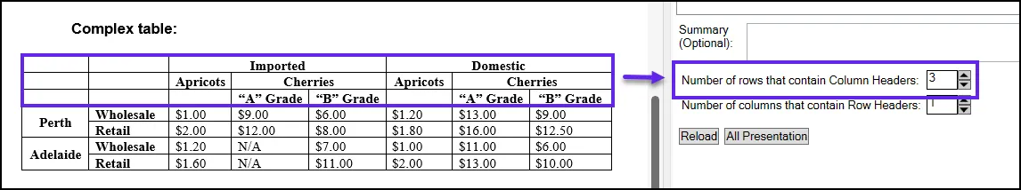 Screenshot showing the three rows of column headers highlighted in the table in the physical view and the “Rows with Column Headers” option set to 3.