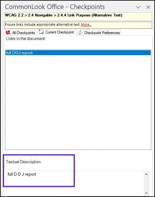 Screenshot of Alternative Text checkpoint panel in CommonLook Office with the textual description field highlighted and populated with full D O J report, displaying spaces between the letters in the acronym DOJ.