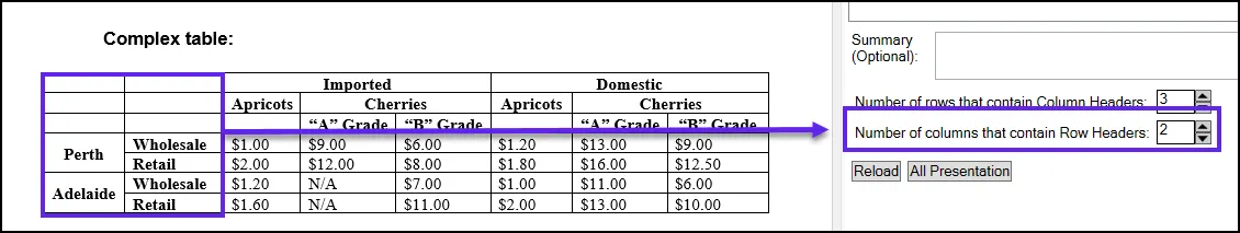 Screenshot showing the two columns of row headers highlighted in the table in the physical view and the “Columns with Row Headers” option set to 2.