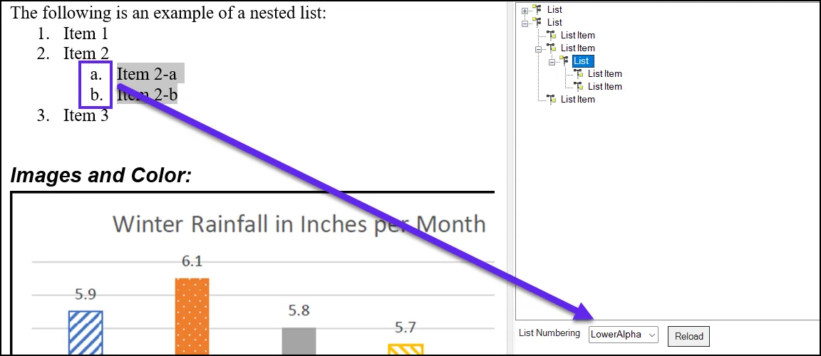 Screenshot of the nested list selected and expanded in the list checkpoint panel. The lowercase letter labels of the list are highlighted in the Physical view with the List numbering value set to Lower-Alpha at the bottom of the List checkpoint panel.