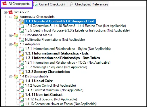 The “All Checkpoints” tab highlighted in CommonLook Office. In the All Checkpoints panel, there are 6 bolded checkpoints and 10 non bolded checkpoints with “Not Applicable” in parentheses.