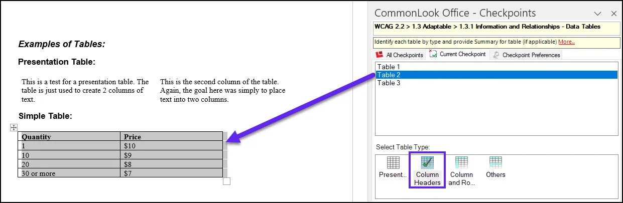 Screenshot showing the second table selected in the CommonLook Office panel, the corresponding table is highlighted in the physical view, and the “Column Headers” table type is selected.