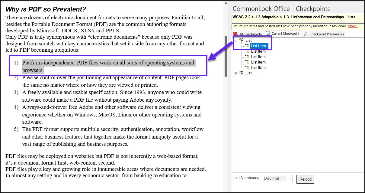 Screenshot of the first list expanded with the first list item selected in the CommonLook panel and highlighted in the Physical View.