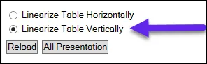 Screenshot with the Linearize Table Vertically option highlighted in CommonLook Office.