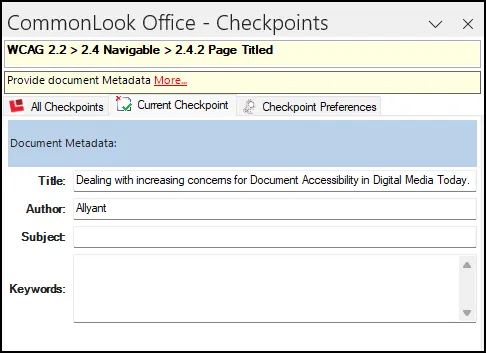 Screenshot of the Metadata checkpoint panel in CommonLook Office.