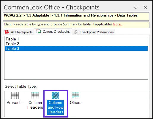 Screenshot of the CommonLook Office panel on the Data Table checkpoint with the third table in the list selected and the table type “Column and Row Headers” highlighted.