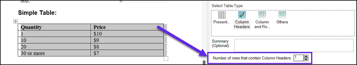 Screenshot showing the data table highlighted in the physical view and the “Rows and Column Headers” option set to 1.