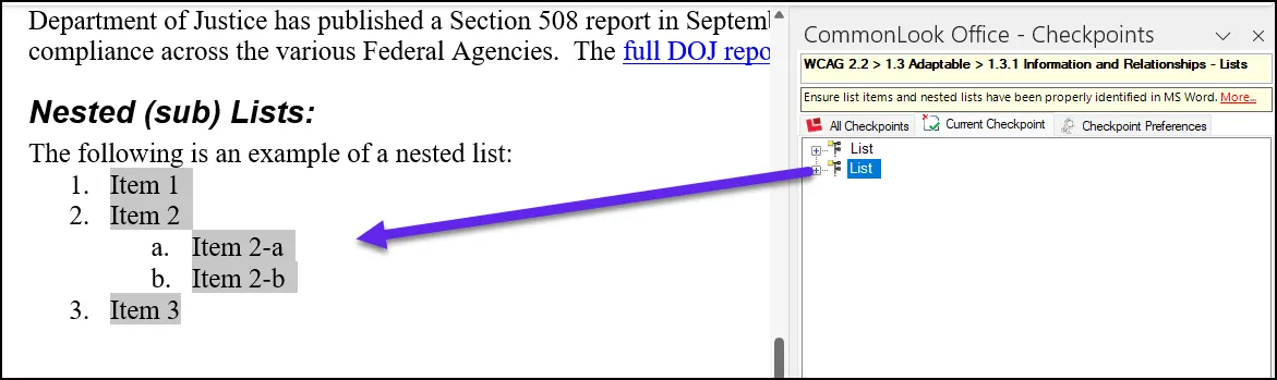 Screenshot of the List in Word and in Commonlook, now properly assembled.
