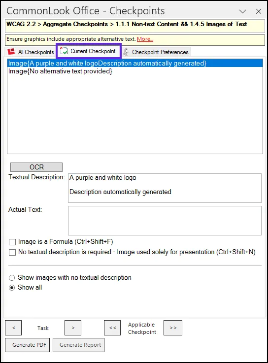 Screenshot of the Current Checkpoint tab in CommonLook Office.