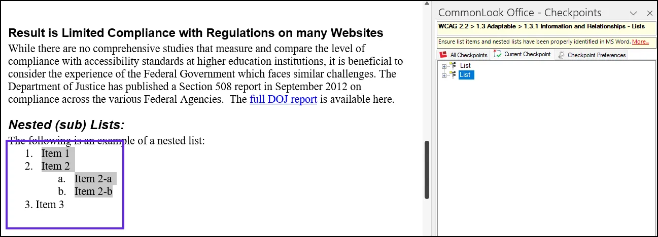 Screenshot of the List Checkpoint in CommonLook Office revealing that, in the second list, its third list item was not formatted correctly and will be excluded from the tagging of the list.