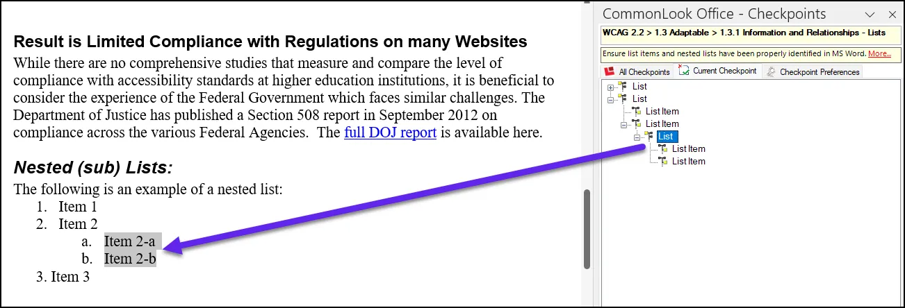 Screenshot of the CommonLook Office Panel with the third list fully expanded to reveal the nested list and two list items and the corresponding nested list in the Physical view.
