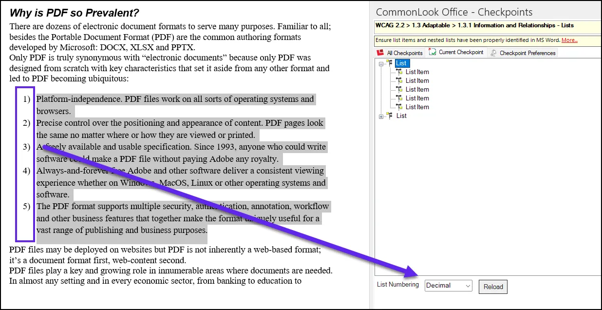 Screenshot of the first list expanded in the list checkpoint panel. The number labels of the list are highlighted in the Physical view with the List numbering value set to “Decimal” at the bottom of the List checkpoint panel.