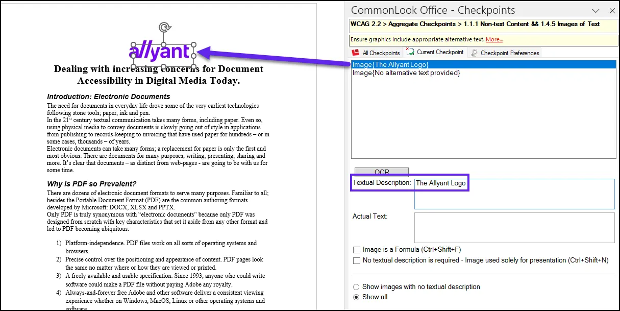 Screenshot of the non-text content and images of text checkpoint panel. The first image is selected in the panel, highlighted in the physical view, and the textual description field is populated with the Alternative text of the Allyant Logo.