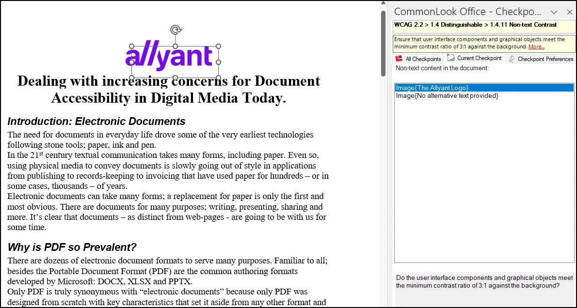 Screenshot of the Non-text Contrast checkpoint panel in CommonLook Office. The first Image is selected in the CommonLook panel and in the Physical View the Allyant logo is highlighted.