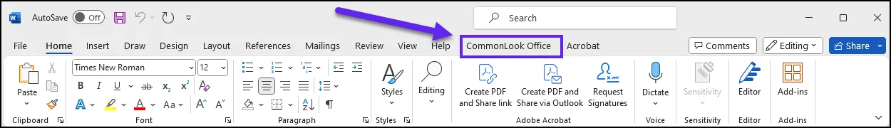 The CommonLook Office tab in the Microsoft Word ribbon