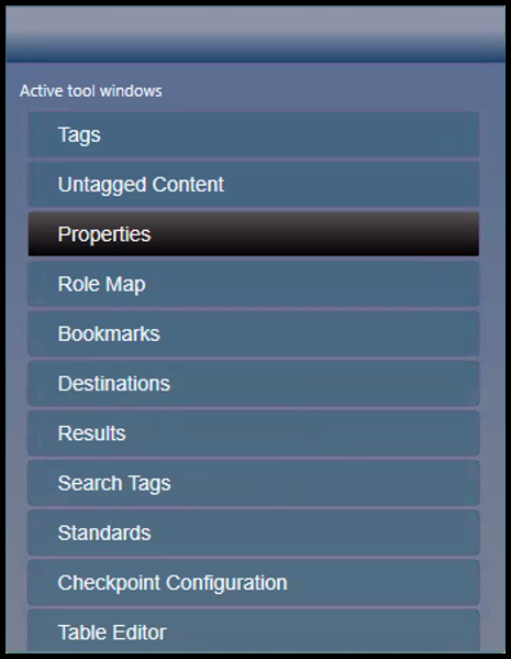 Screenshot of the Active Tool window in CommonLook PDF. The Properties menu is currently selected.