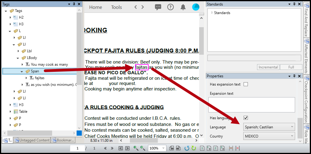 Screenshot of the word Fajitas highlighted in the physical view, in a Span tag in the Tags tree, and the language in the properties is highlighted - set to Spanish. 