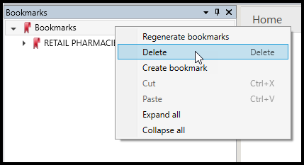 The context menu is open in the Bookmarks panel and the option to Delete the bookmarks is highlighted.  