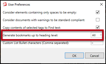 The User Preferences dialog box with "Generate bookmarks up to heading level:" highlighted. 