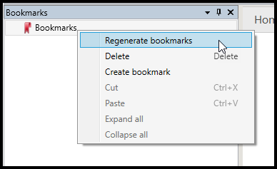 The context menu is open in the Bookmarks panel and the option to Regenerate the bookmarks is highlighted.  