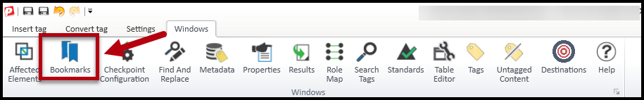 The Bookmarks button is highlighted in the Ribbon on the Windows tab. 
